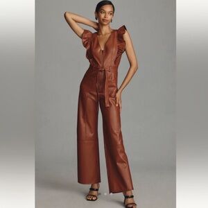 SOLD Collette Ruffled Brown Leather Jumpsuit